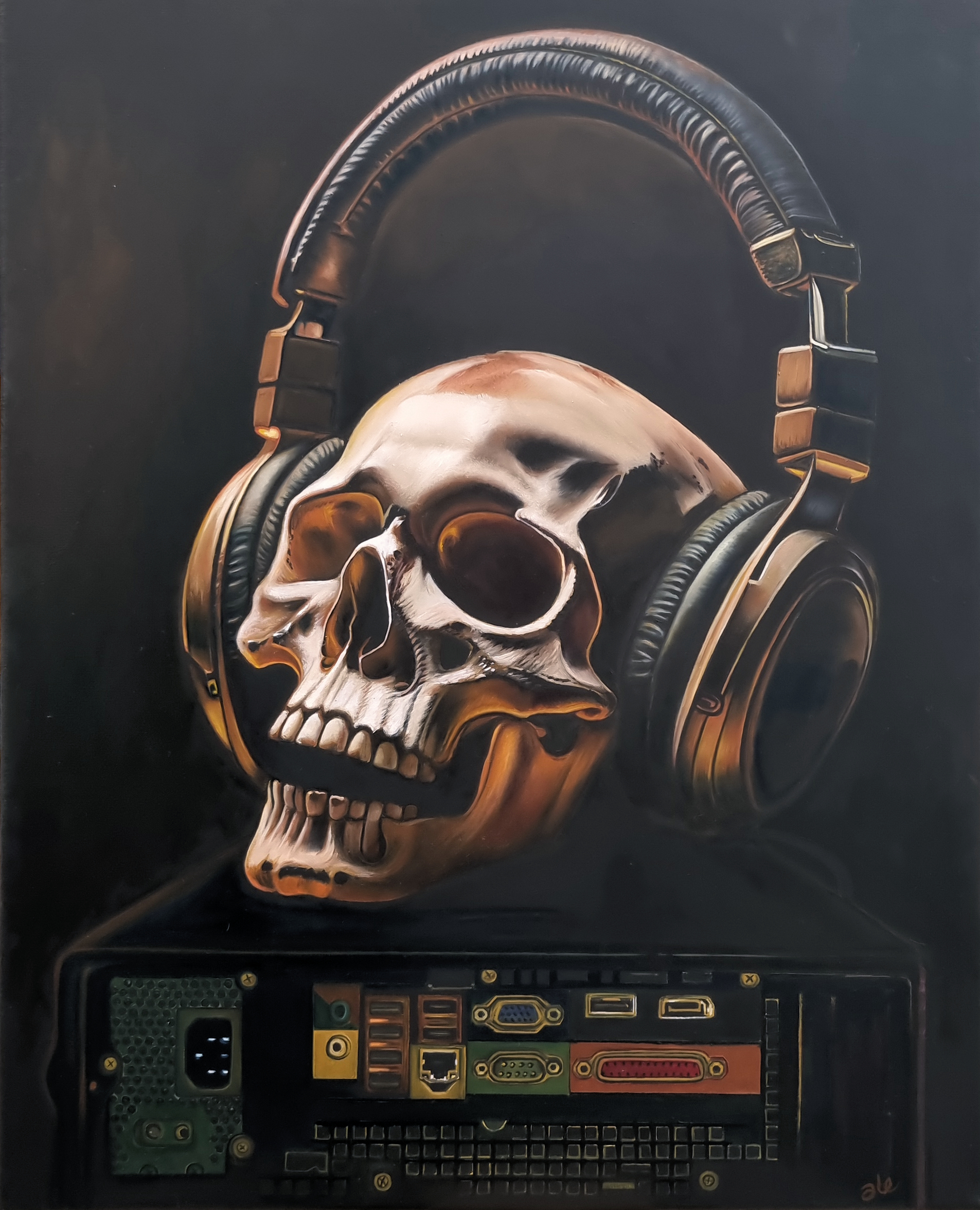 Modern still life: skull on top of a desktop computer